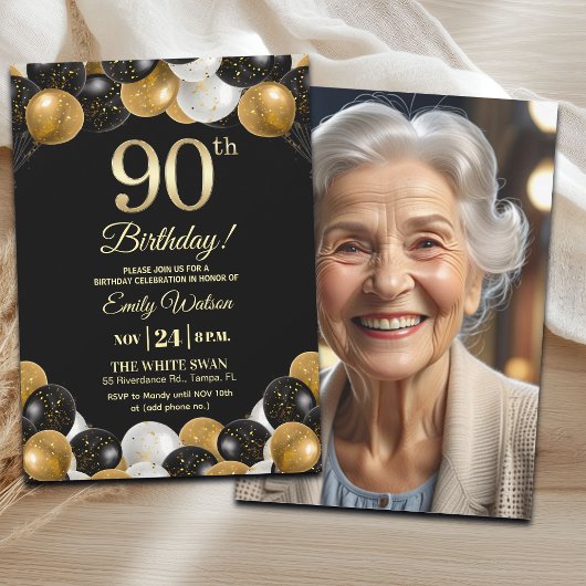 Elegant Black Gold Glitter 90th Birthday Photo 招待状