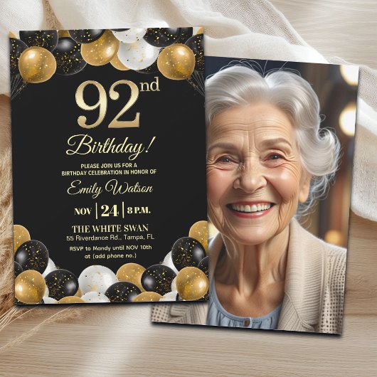 Elegant Black Gold Glitter 92nd Birthday Photo 招待状