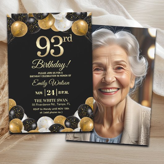 Elegant Black Gold Glitter 93rd Birthday Photo 招待状
