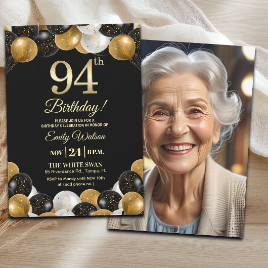 Elegant Black Gold Glitter 94th Birthday Photo 招待状