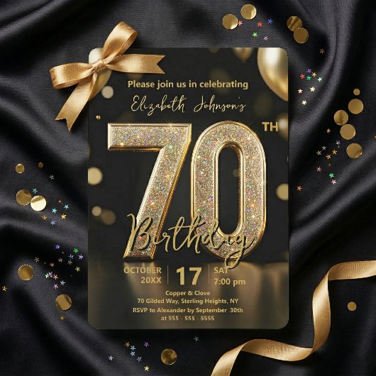 Elegant Black Gold Glitter Balloons 70th Birthday 招待状
