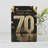 Elegant Black Gold Glitter Balloons 70th Birthday 招待状 (スタンド正面)
