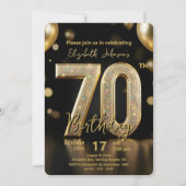 Elegant Black Gold Glitter Balloons 70th Birthday 招待状 (正面)