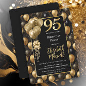 Elegant Black Gold Glitter Balloons 95th Birthday 招待状