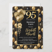 Elegant Black Gold Glitter Balloons 95th Birthday 招待状 (正面)