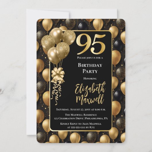 Elegant Black Gold Glitter Balloons 95th Birthday 招待状 (正面)