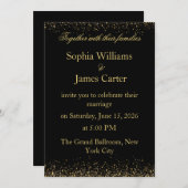 Elegant Black & Gold Glitter Confetti Wedding 招待状 (正面/裏面)