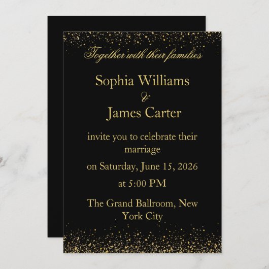 Elegant Black & Gold Glitter Confetti Wedding 招待状 (正面/裏面)