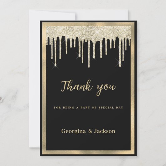 Elegant black gold glitter drips Thank You  招待状 (正面)