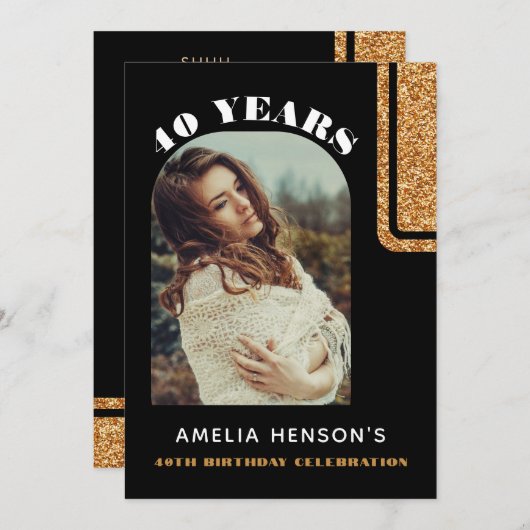 Elegant Black Gold Glitter Photo 40th Birthday 招待状 (正面/裏面)