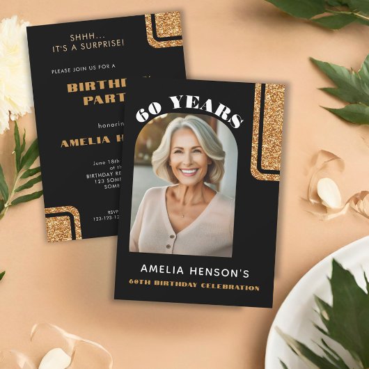 Elegant Black Gold Glitter Photo 60th Birthday 招待状