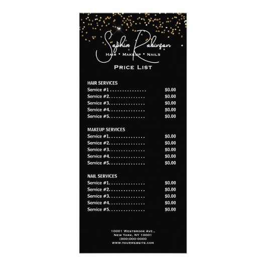 Elegant Black & Gold Glitter Price List Rack Card ラックカード (正面)