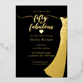 Elegant Black Gold Gown 50 and fabulous birthday 箔招待状