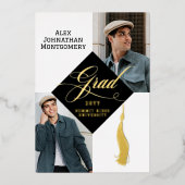 Elegant Black Gold Grad Cap Tassel Graduate Photo 箔招待状 (正面)