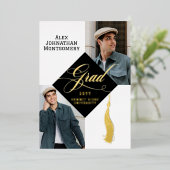 Elegant Black Gold Grad Cap Tassel Graduate Photo 箔招待状 (立ち正面)