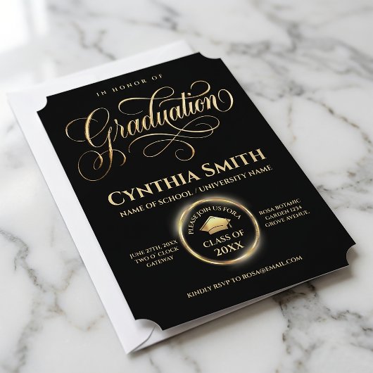 Elegant Black & Gold Graduation  招待状