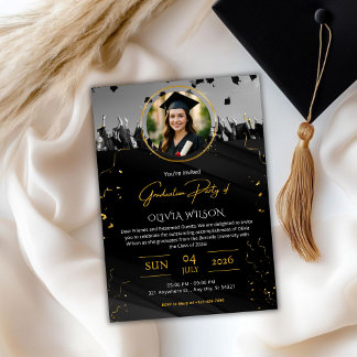 Elegant Black & Gold Graduation Party 招待状