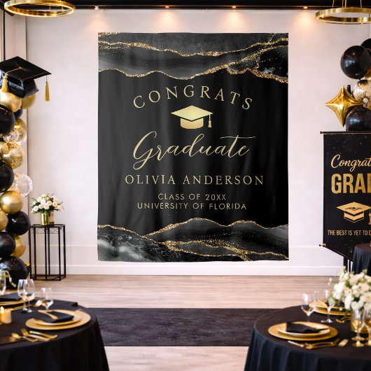 Elegant Black & Gold Graduation Party Backdrop タペストリー