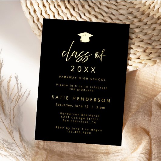 Elegant Black & Gold Graduation Party Invitation 箔シーズンカード