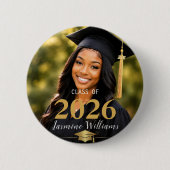 Elegant Black Gold Graduation Portrait Class Year 缶バッジ (正面)