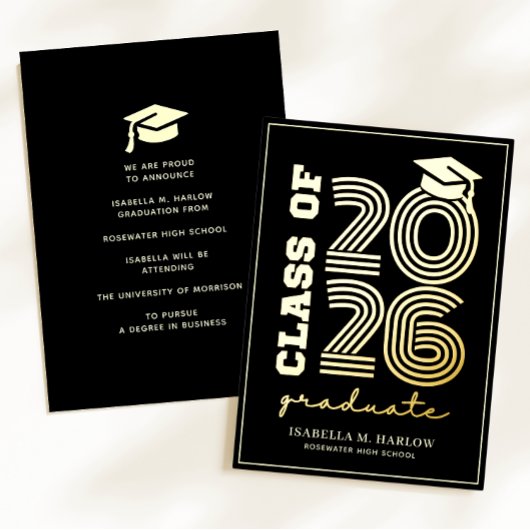 Elegant Black Gold Graduation YY Announcement 箔招待状