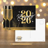 Elegant Black Gold Happy 2026 Champagne New Year シーズンポストカード