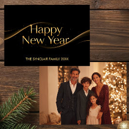 Elegant Black Gold Happy New Year Family Photo Hol シーズンカード