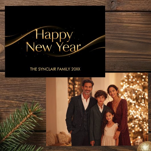 Elegant Black Gold Happy New Year Family Photo Hol シーズンカード