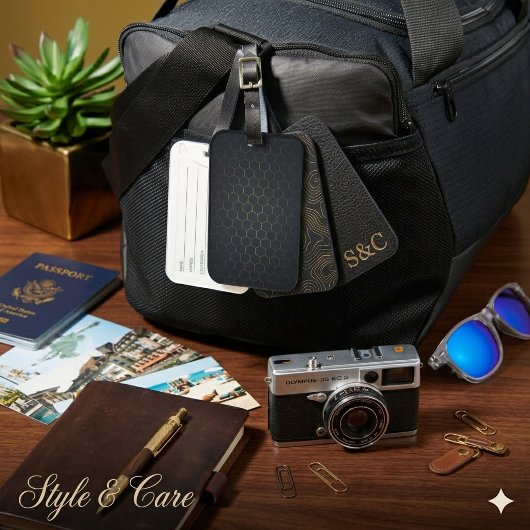 Elegant Black Gold Hexagonal Pattern Luggage Tag ラゲッジタグ