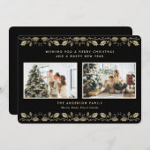 Elegant Black Gold Holly Berries Photo シーズンカード (正面/裏面)
