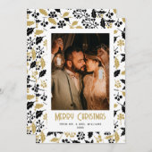 Elegant Black Gold Holly Newlywed Photo Christmas シーズンカード (正面/裏面)