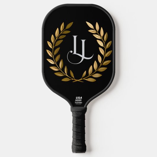 Elegant Black & Gold Laurel Monogram Pickleball Pa ピックルボールラケット (正面)