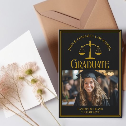 Elegant Black Gold Law School Graduation Photo 案内状