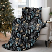 Elegant Black & Gold Leaf Botanical Throw Blanket