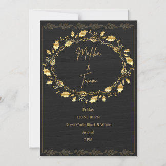 Elegant Black & Gold Leaf Wedding Invitation マグネット招待状