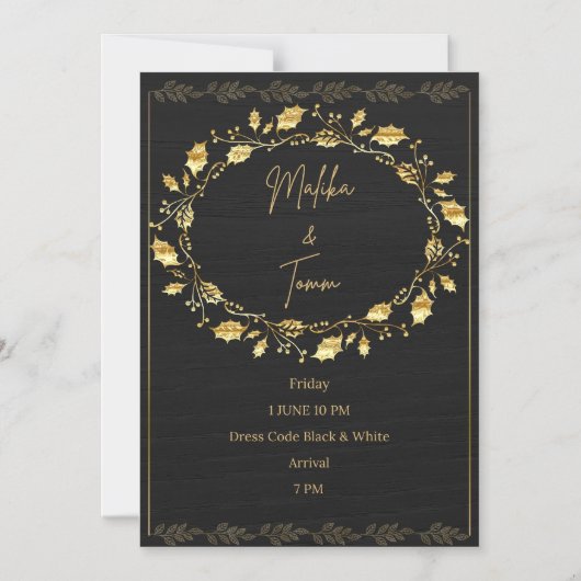 Elegant Black & Gold Leaf Wedding Invitation マグネット招待状 (正面)