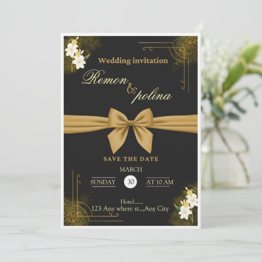 Elegant Black & Gold Luxury Wedding Invitation 招待状 (スタンド正面)