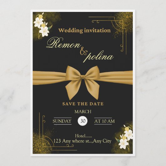 Elegant Black & Gold Luxury Wedding Invitation  招待状 (正面)