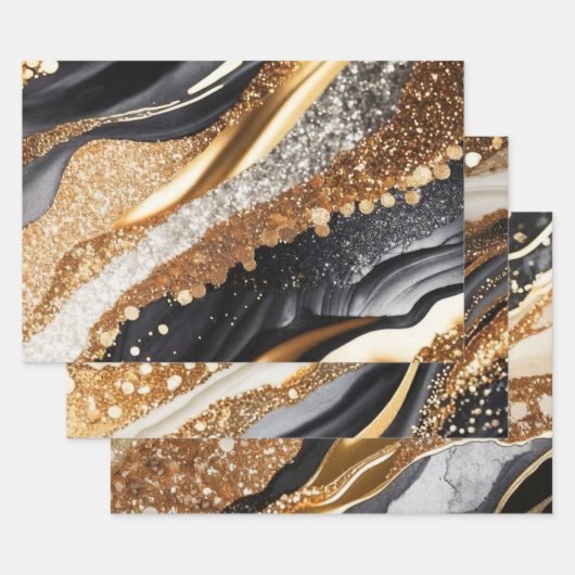 Elegant Black Gold Marble Glitter Abstract Art ラッピングペーパーシート (セット)