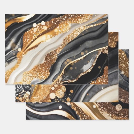 Elegant Black Gold Marble Glitter Abstract Art ラッピングペーパーシート (セット)