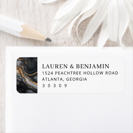 Elegant Black Gold Marbled Waves ラベル (インサイチュ)