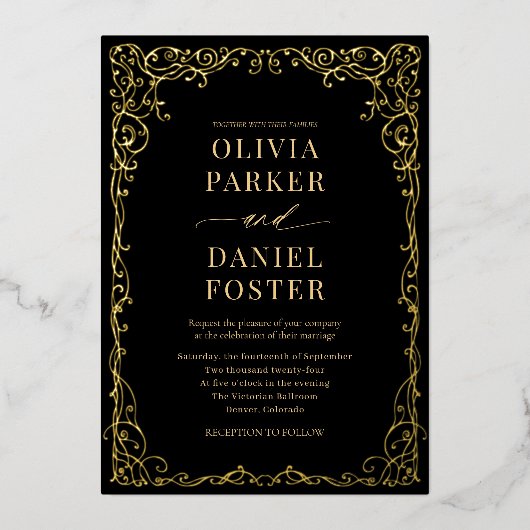 Elegant Black Gold Minimalist Wedding 箔招待状 (正面)