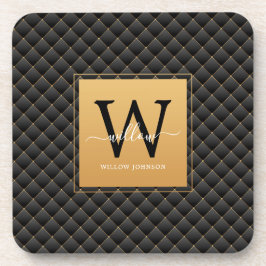 Elegant Black Gold Monogram Initial Script Modern コースター