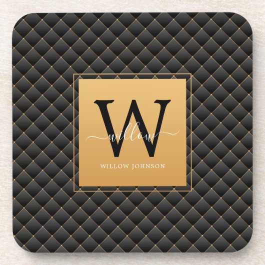 Elegant Black Gold Monogram Initial Script Modern コースター (正面)