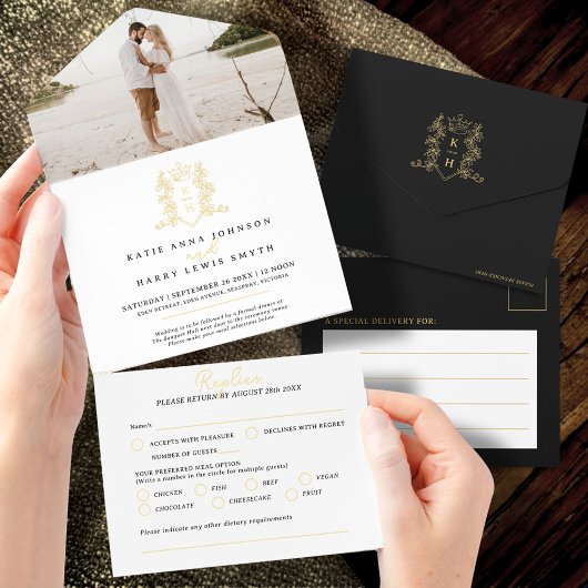 Elegant Black & Gold Monogrammed Wedding foil オールインワン招待状