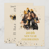 Elegant Black & Gold New Year Invitation 招待状 (正面/裏面)