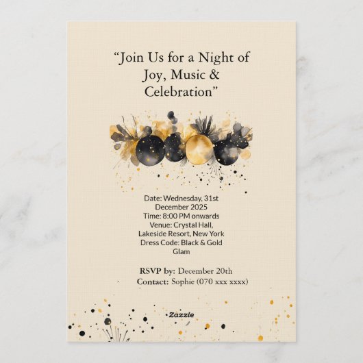 Elegant Black & Gold New Year Invitation 招待状 (裏面)