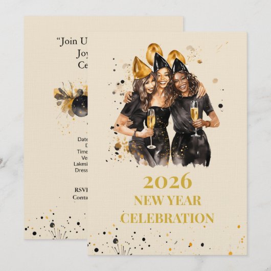 Elegant Black & Gold New Year Invitation 招待状 (正面/裏面)