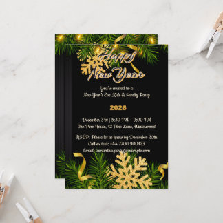 Elegant Black & Gold New Year Invitation 5x7 招待状