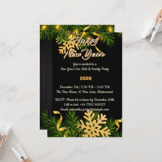 Elegant Black & Gold New Year Invitation 5x7  招待状 (正面/裏面インサイチュ)